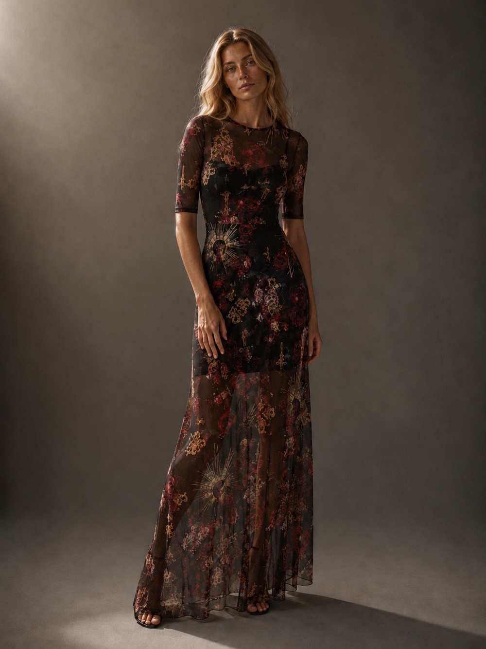 BlackMilk Sheer Mesh Maxi Metallic Dress Gothic Print